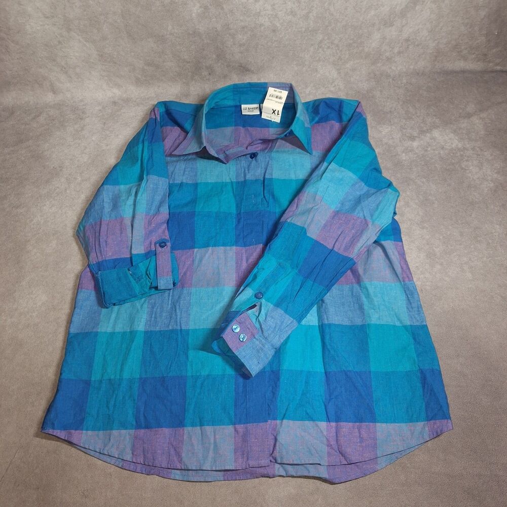 Liz Baker Woman 1x Button Up Blue Purple Plaid Shirt